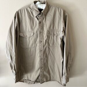 Vintage Lands End Men’s Cotton Twill Shirt Khaki Tan M Medium 15 1/2 Long Sleeve